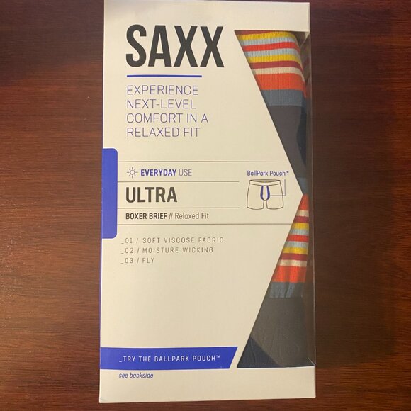 SAXX ULTRA Boxer Briefs with Fly “Navy Banner Stripe" - Picture 2 of 3